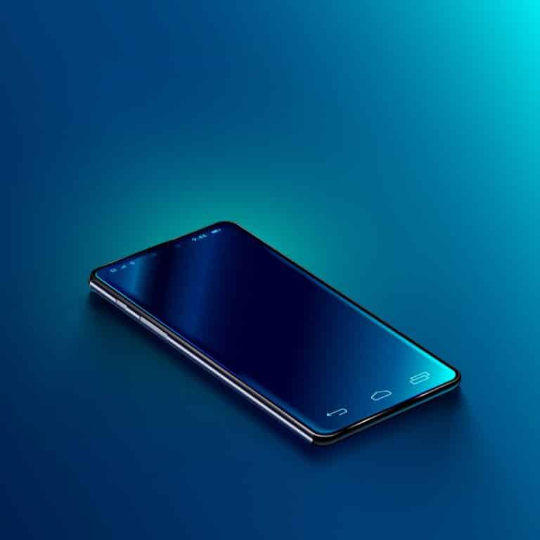 Modern black smart phone lies on a smooth dark blue surface or table in perspective view. Realistic vector illustration isometric smartphone. New shiny mobile cellphone with reflection on the screen