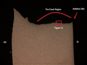 Low magnification optical photomicrograph of the “A” side transverse cross-section through the rupture initiation region. The ID initiation site is identified at the arrow. The pre-existing crack zone is indicated. The OD side has yielded. The boxed areas are displayed at increased magnification in subsequent figures as indicated.