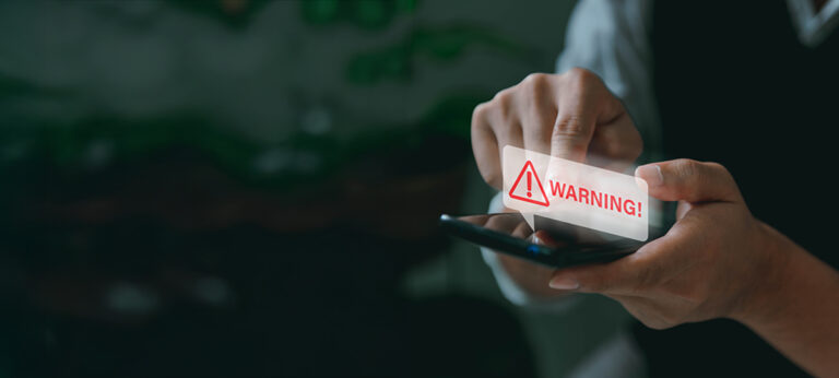 System hacked warning alert, Man using smartphone with cyber att