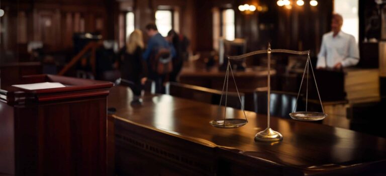 Scales of justice in a courtroom